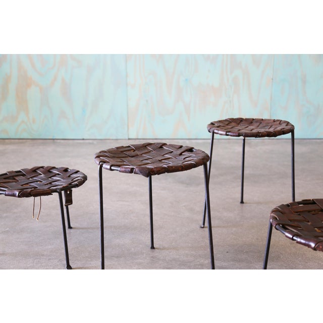 A Set of 4 1940's Swift and Monell Woven Leather and Iron Stools Mid Century Modern For Sale - Image 13 of 17