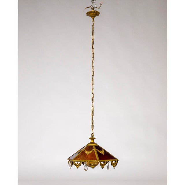 Mid 20th Century Paneled Amber Glass Pendant Light With Crystal Accents For Sale - Image 9 of 13