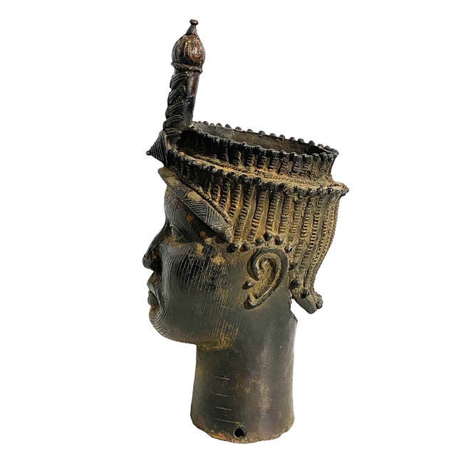 African Vintage Lg Benin Bronze Head of King -Oba Nigeria African 19" H For Sale - Image 3 of 9