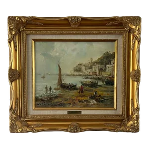 Late 20th Century Italian Fishing Village Seascape Signed by Listed Artist Mario Passoni