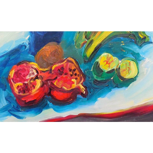 This is a bright, colorful oil painting of a table top with fruit. Banana, Pomegranate and glass of water. George Chemeche...