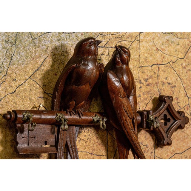 Antique Black Forest Carved Wood Wall Key Holder with Swallow Birds, ca. 1910s For Sale - Image 4 of 18