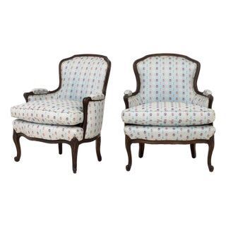 Louis XV Style Blue Upholstered Bergeres, Pair For Sale