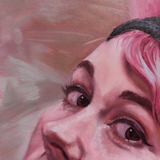 Watch by Shaina Craft | Oil on wood Close-up portrait of a person with pink hair. For Sale