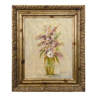 Large Still Life Oil on Canvas Painting of Flowers and Lavender Framed, Signed 1990s For Sale