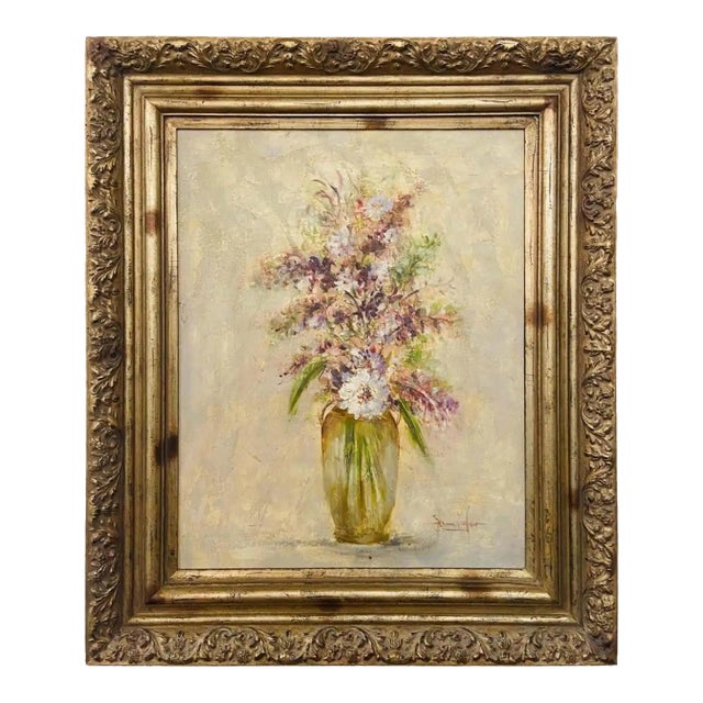 Large Still Life Oil on Canvas Painting of Flowers and Lavender Framed, Signed 1990s For Sale