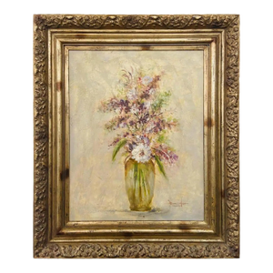 Large Still Life Oil on Canvas Painting of Flowers and Lavender Framed, Signed 1990s