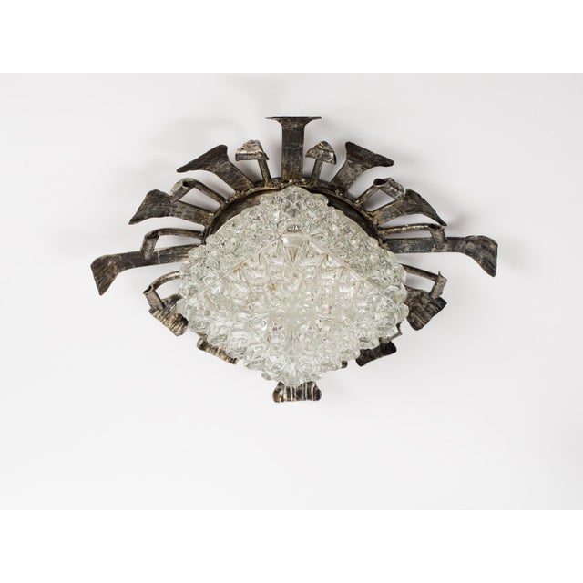 1950s Spanish Brutalist Flush Mount Ceiling Light – Silvered Wrought Iron & Heavy Embossed Glass For Sale - Image 4 of 14