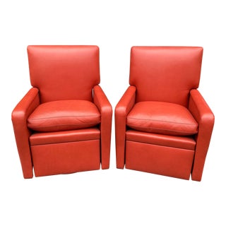 Lipstick Red Leather Reclining Swivel Thomas De Angelis Club Chairs - a Pair For Sale
