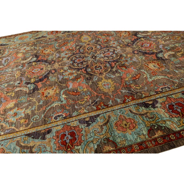 Modern Bidjar Style Hand-Knotted Wool Rug Earthy Brown & Turquoise 10x14 For Sale - Image 9 of 11