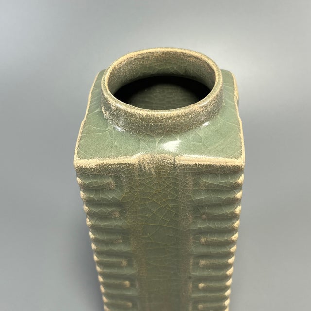 Chinese Vintage‑Style Chinese Longquan Celadon Cong‑Shape Square Vase For Sale - Image 3 of 6
