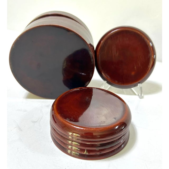 1950s Chinoiserie Lacquer Coaster Set – Vintage Asian Scenic Barware With Box For Sale - Image 9 of 10