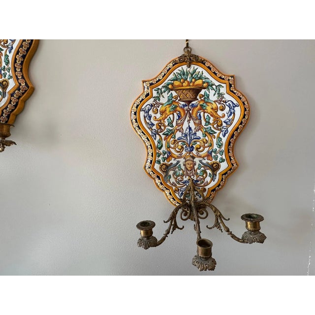 Luxurious Pair of Gien Faience Majolica Pottery Wall Sconces for your consideration. Each wall sconce measures approx. 18...