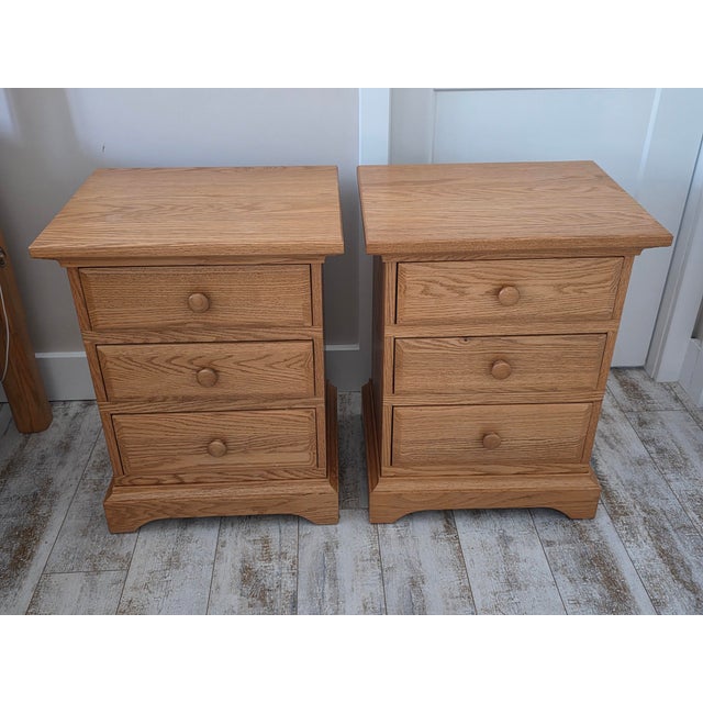Pair of fine quality solid oak 3-drawer bedside chests or nightstands handcrafted by artisans at the Hunt Country...
