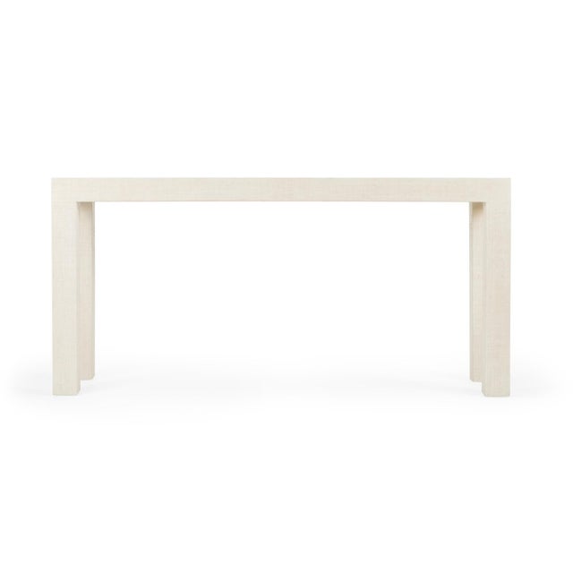 Raffia covered console table in white, designed by Jamie Merida.