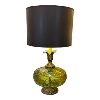 Green Pressed Glass and Brass Finish Lamp 1960s Custom Foil Shade For Sale
