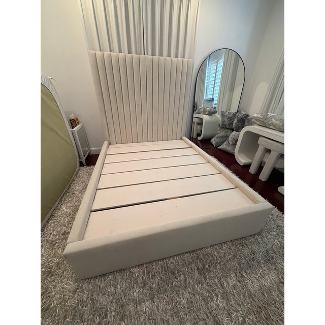 Transitional Custom Queen Upholstered Bed – Off-White Velvet Channel-Tufted Headboard For Sale - Image 3 of 5
