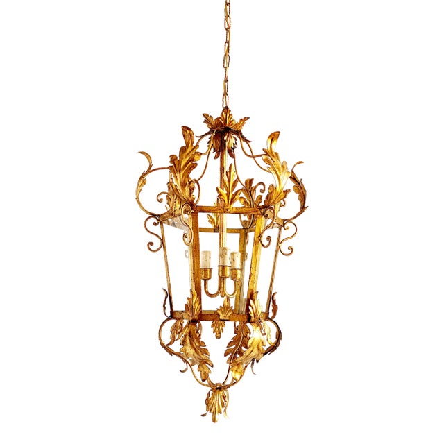 Vintage Italian Gilt Iron Louis XVI Style Hanging Lantern For Sale