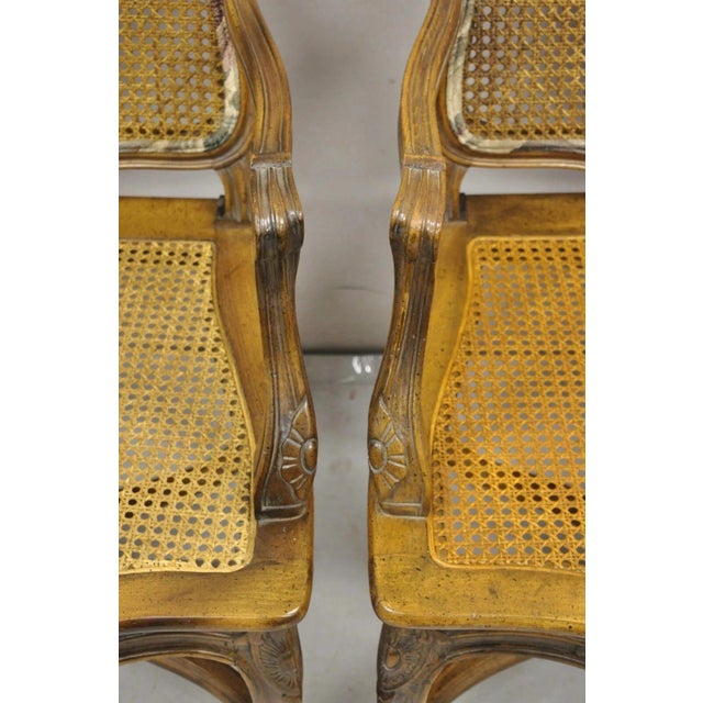 Vintage French Country Louis XV Style Upholstered Cane Lounge Arm Chairs - Pair For Sale - Image 9 of 12