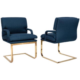 Vintage Brass & Blue Linen Chairs - A Pair For Sale