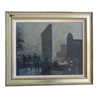 Mid-Century American Tonalist Nocturne Painting of Flatiron Building New York City For Sale