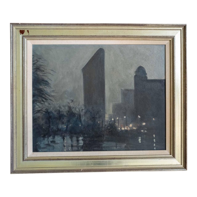 Mid-Century American Tonalist Nocturne Painting of Flatiron Building New York City For Sale