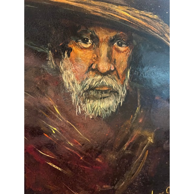 Striking vintage original oil on board portrait of a man by California artist Joyce Stone of Rolling Hills, California....