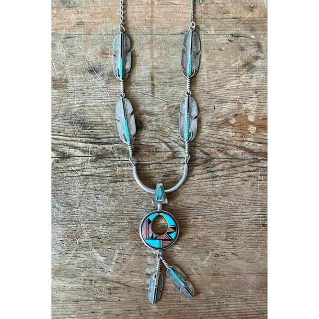 Mid-Century Modern Vintage Turquoise Native American 925 Silver Pendant Necklace For Sale - Image 3 of 11