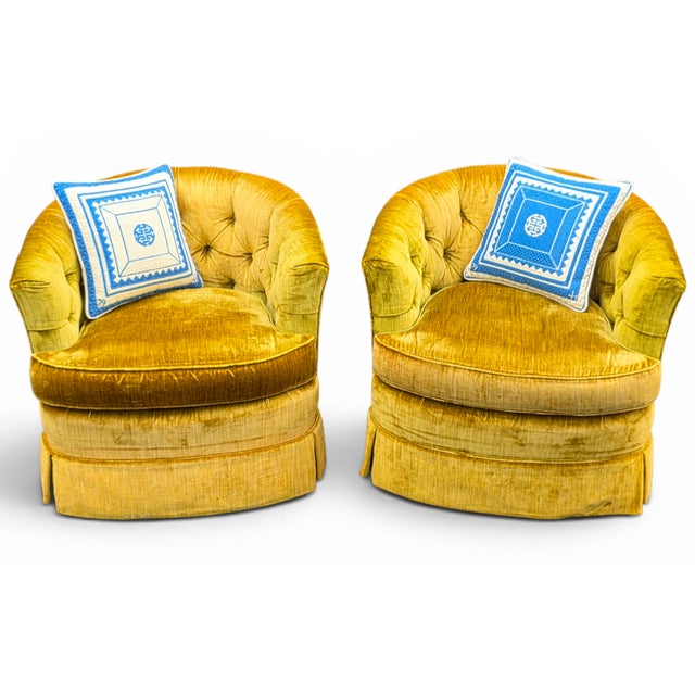 Chartreuse Pair of Henredon Tufted Barrel Back Swivel Lounge Chairs in Chartreuse Velvet on Casters, Circa 1970s For Sale - Image 8 of 11