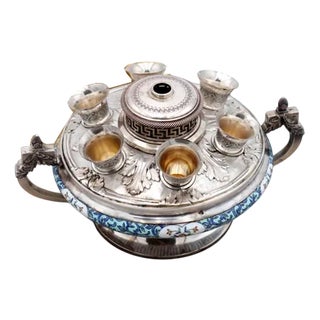 Silver and Porcelain Liqueur Bottle with Glasses, Set of 7 For Sale