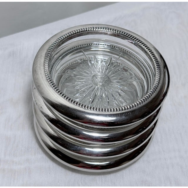 Metal Vintage Sunburst Glass Coasters With Silver Tone Rim – Set of 4 For Sale - Image 7 of 11