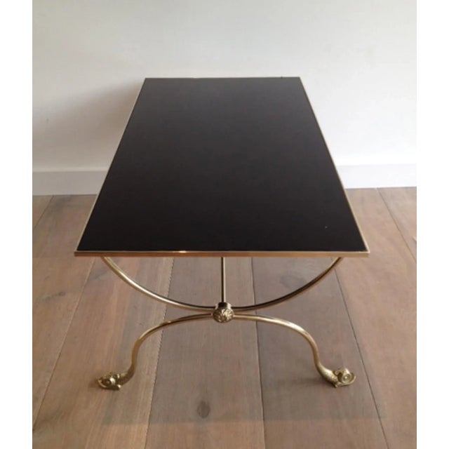 Metal 1940s Fench Brass & Black Lacquered Glass Top Dolphin Heads Coffee Table For Sale - Image 7 of 13