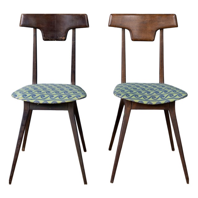 Vintage Wooden Chairs with Fabric Seats, Italy, 1950s, Set of 2 For Sale