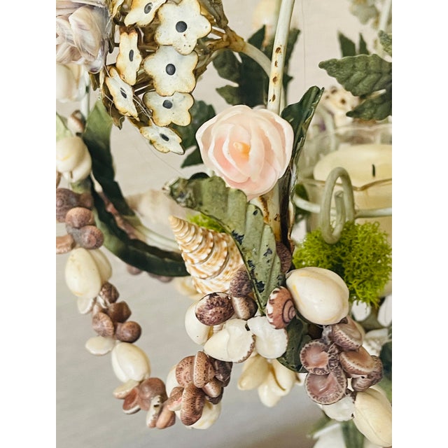 1950s Lovely Floral Tole and Sea Shell Candle Pendant Lamp For Sale In Miami - Image 6 of 10