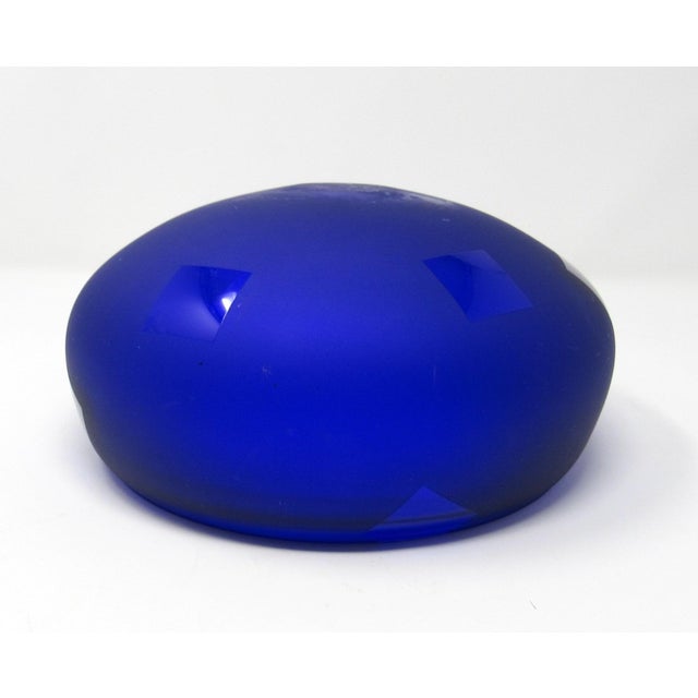 Cobalt Satin Hand-Blown Glass Bowl With Clear Etched Squares | Decorative Glass Bowl For Sale - Image 11 of 12