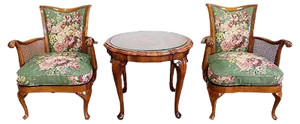 Armchairs and Chippendale Table in Solid Beech, 1950s, Set of 3