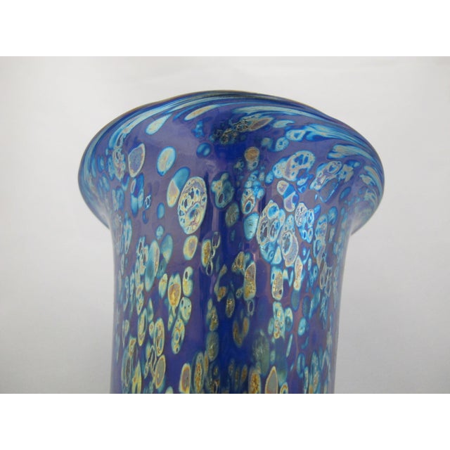 Glass Donald Carlson Iridescent Blue Splatter Studio Art Glass Trumpet Vase For Sale - Image 7 of 11