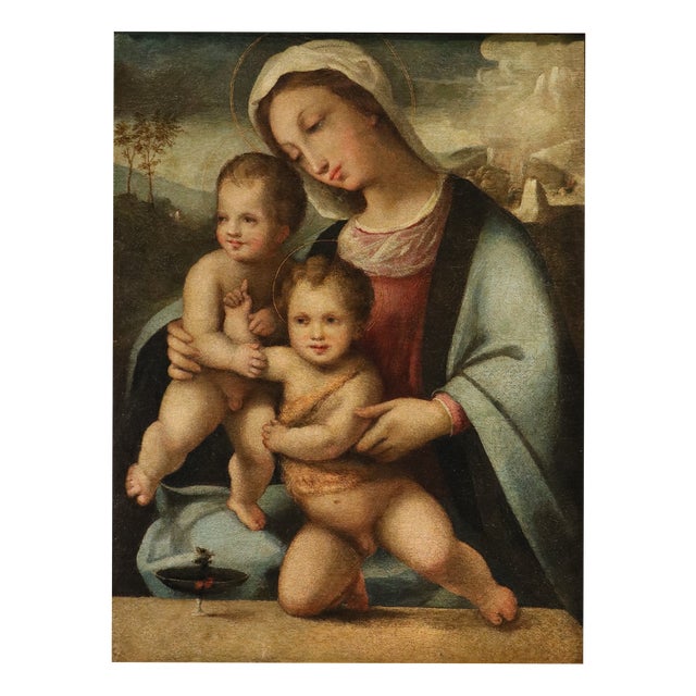 Follower of Domenico Beccafumi, Madonna and Child with the Infant Saint John the Baptist, 1600, Oil Painting on Canvas For Sale