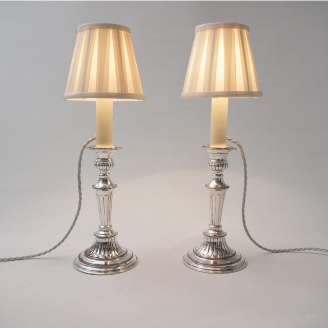 Metal 1920's English Art Deco Antique Sheffield Candlestick Table Lamps, Silver Plate on Copper - A Pair, Rewired For Sale - Image 7 of 12
