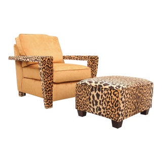 1960s Vintage Thayer Coggin Gold and Cheetah Print Club Chair & Ottoman For Sale