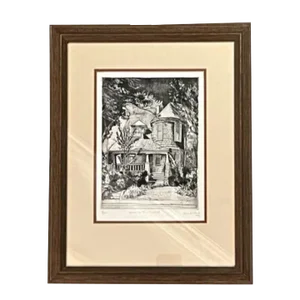Mid 20th Century Frank Stack Etching, House With a Turret, Contemporary Architecture Drawing, Framed