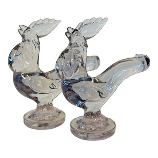 Vintage 1940s Tall Solid Glass Rooster Figurines, a Pair For Sale