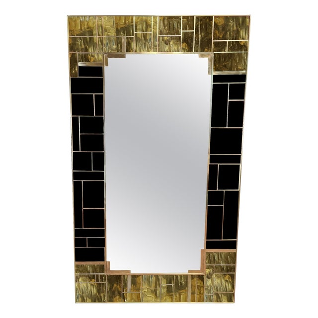 Black Murano Glass and Brass Wall Mirror with Square Geometric Trim from Justfurnituress SRL For Sale