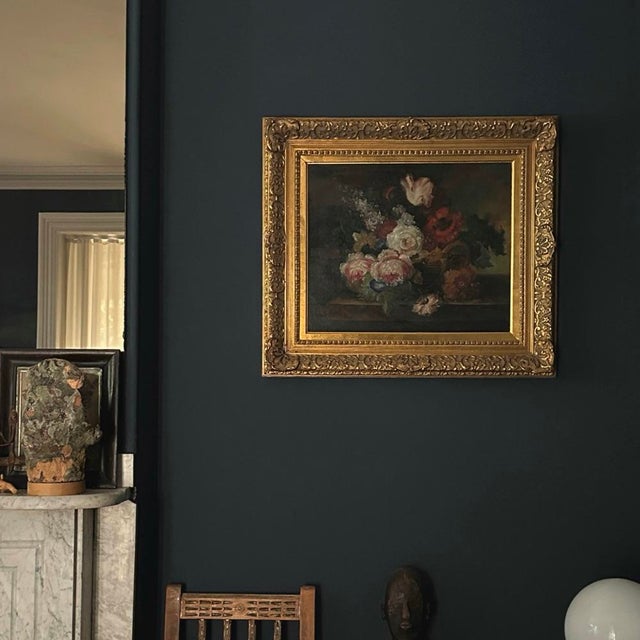 Vintage Continental Dutch Style Floral Still Life, Signed. Chiaroscuro still life with flowers in a vase. Lithograph on...