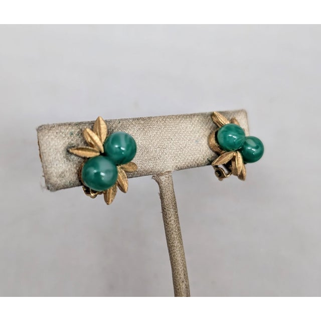 Vintage 1960s Signed Panetta Goldtone Faux-Jade Clip Earrings-2 Pieces For Sale - Image 4 of 7
