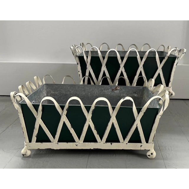1930's White Painted Zinc Cachepot Planters or Jardinieres With Green Tole Liners on Ball Feet - a Pair For Sale - Image 11 of 13