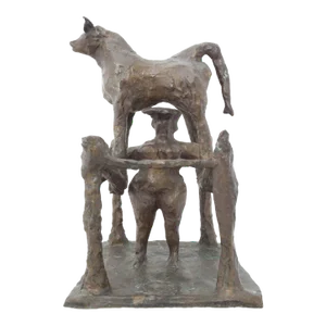 Bernard Reder, Large Modern Bronze Sculpture Woman with Bull, 1957