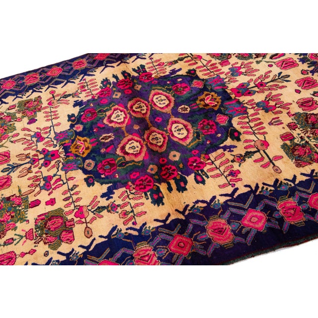 Persian 1960s Vintage Bidjar Persian Wool Rug With Purple and Pink Rosette Motif For Sale - Image 3 of 7