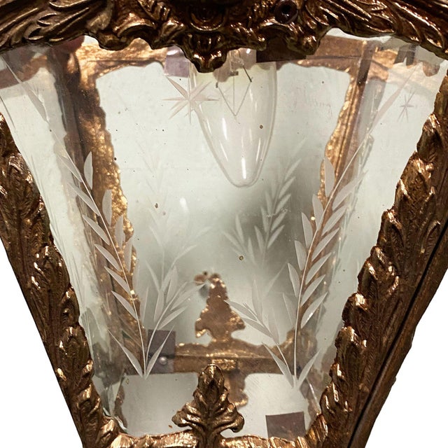 1940s Italian Rococco Style Brass Lantern Hanging Wall Sconce W/ Etched Glass Panels For Sale - Image 13 of 16