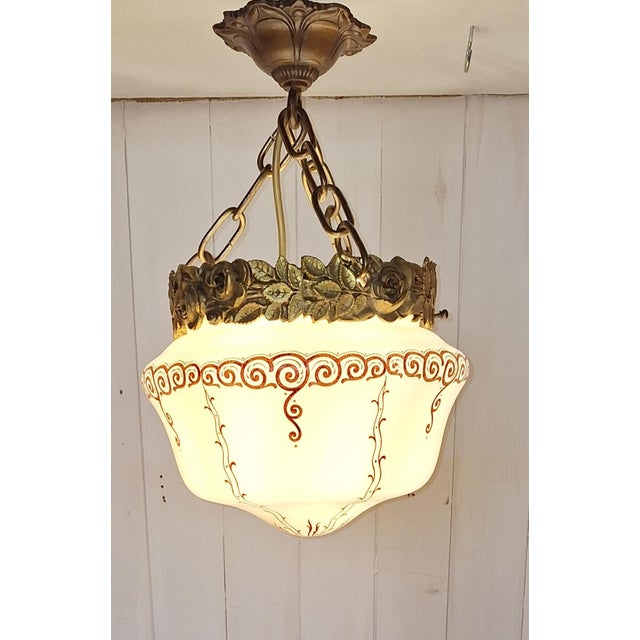 Metal Antique Art Nouveau French Ceiling Lamp with Cream Painted Glass Shade on Brass and Bronze Mount, 1910s For Sale - Image 7 of 7